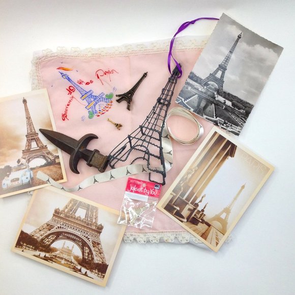 Paris Eiffel Tower Charm Decor Postcards Ribbon Hankie - Picture 1 of 12